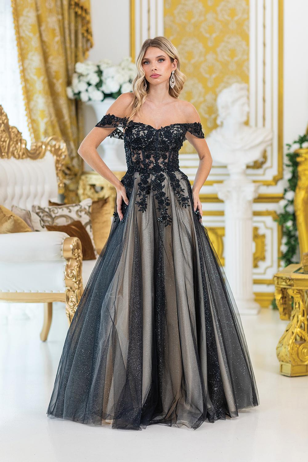 Off-Shoulder Prom Dress with Intricate Floral Lace Bodice, Sheer Mesh Skirt, Beaded Detailing, and Dramatic Full-Length Design with Side Slit - Style 4429 image