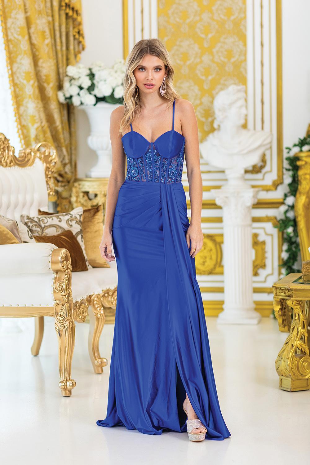 Elegant Spaghetti Strap Beaded Bodice Evening Gown with Thigh-High Slit and Draped Detail Prom Dress - Style 4439 image