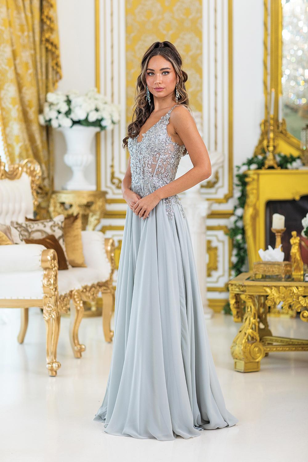 Embroidered Bodice A-Line Gown with Sheer Overlay and Sleeveless Design Prom Dress - Style 4446