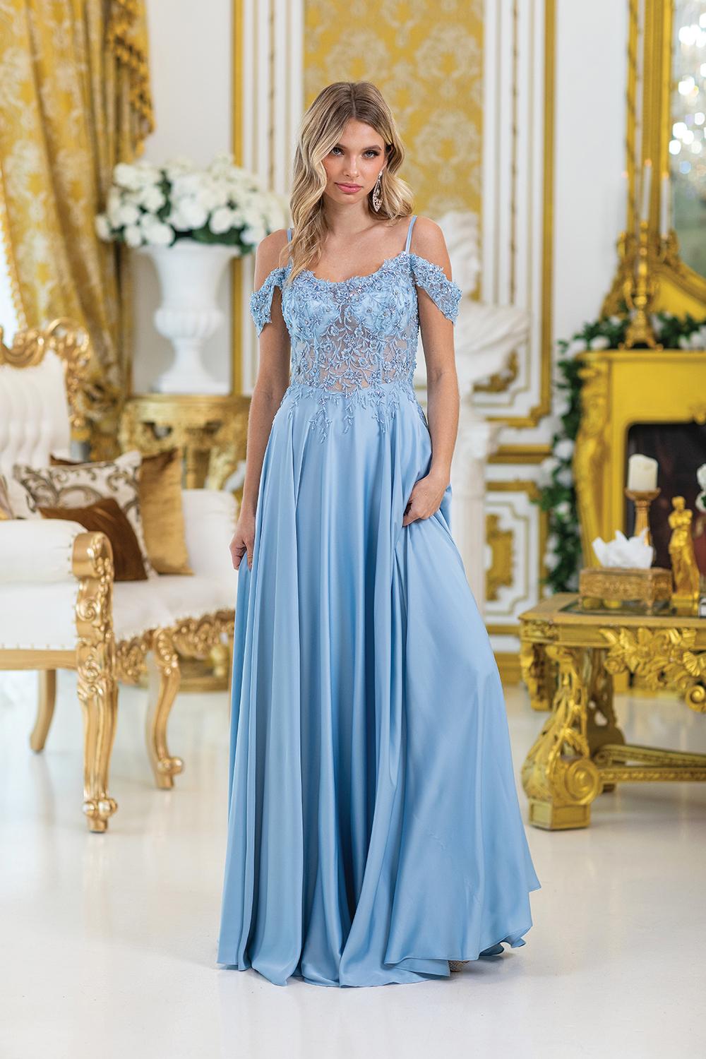 Elegant Off-Shoulder Prom Dress with Floral Embellishments, Flowing Skirt, and Slit for a Graceful, Stunning Look - Style 4482 image