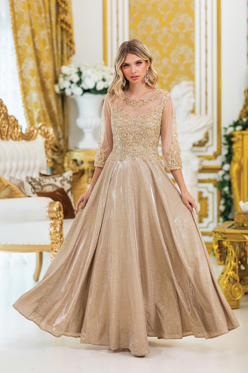 A-Line Prom Dress with Beaded Lace Bodice and Sheer Long Sleeves - Style 4498