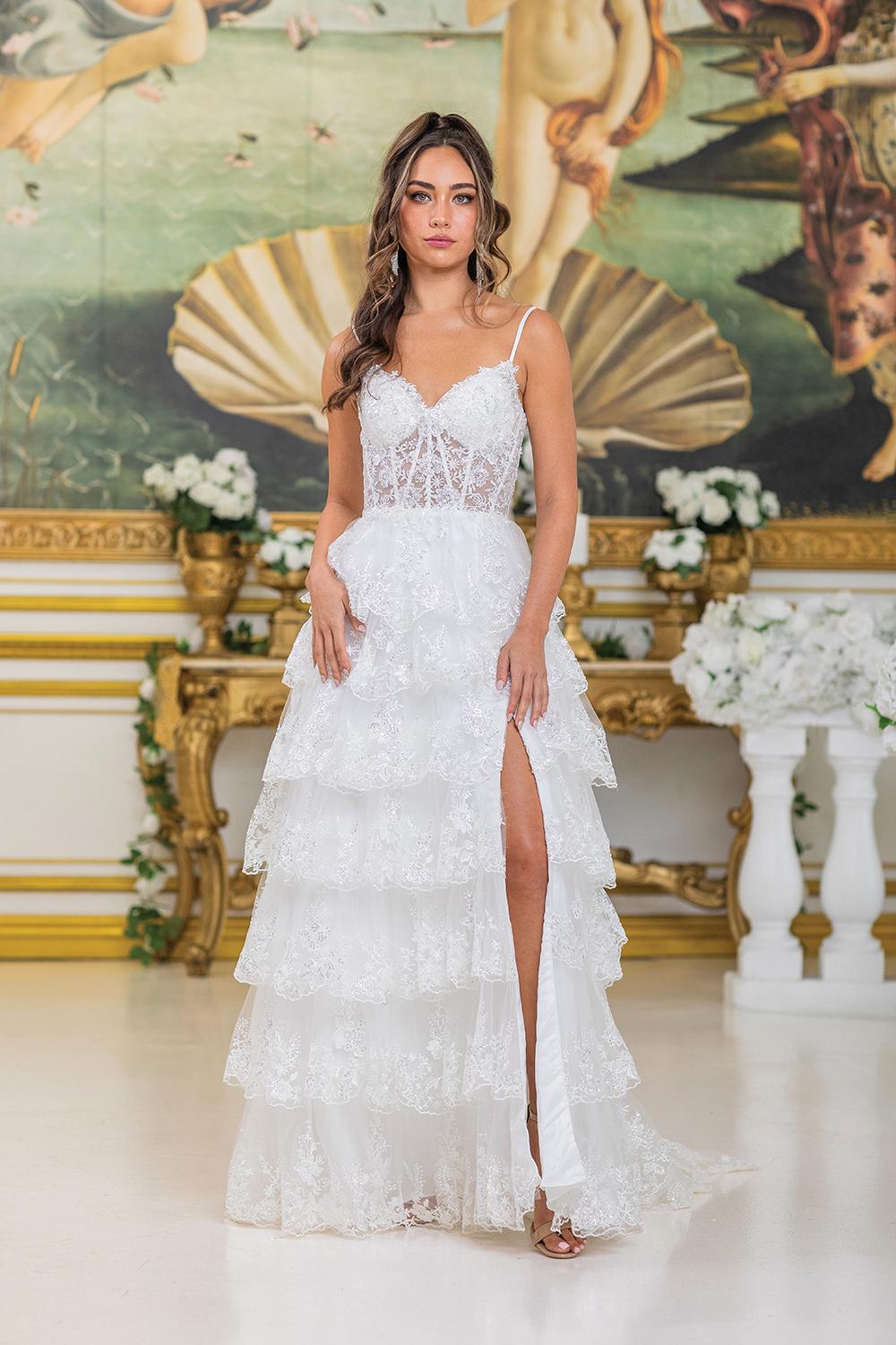 Spaghetti Strap Lace Wedding Dress with Tiered Skirt, Sheer Bodice, and High Slit - Style 0286 image
