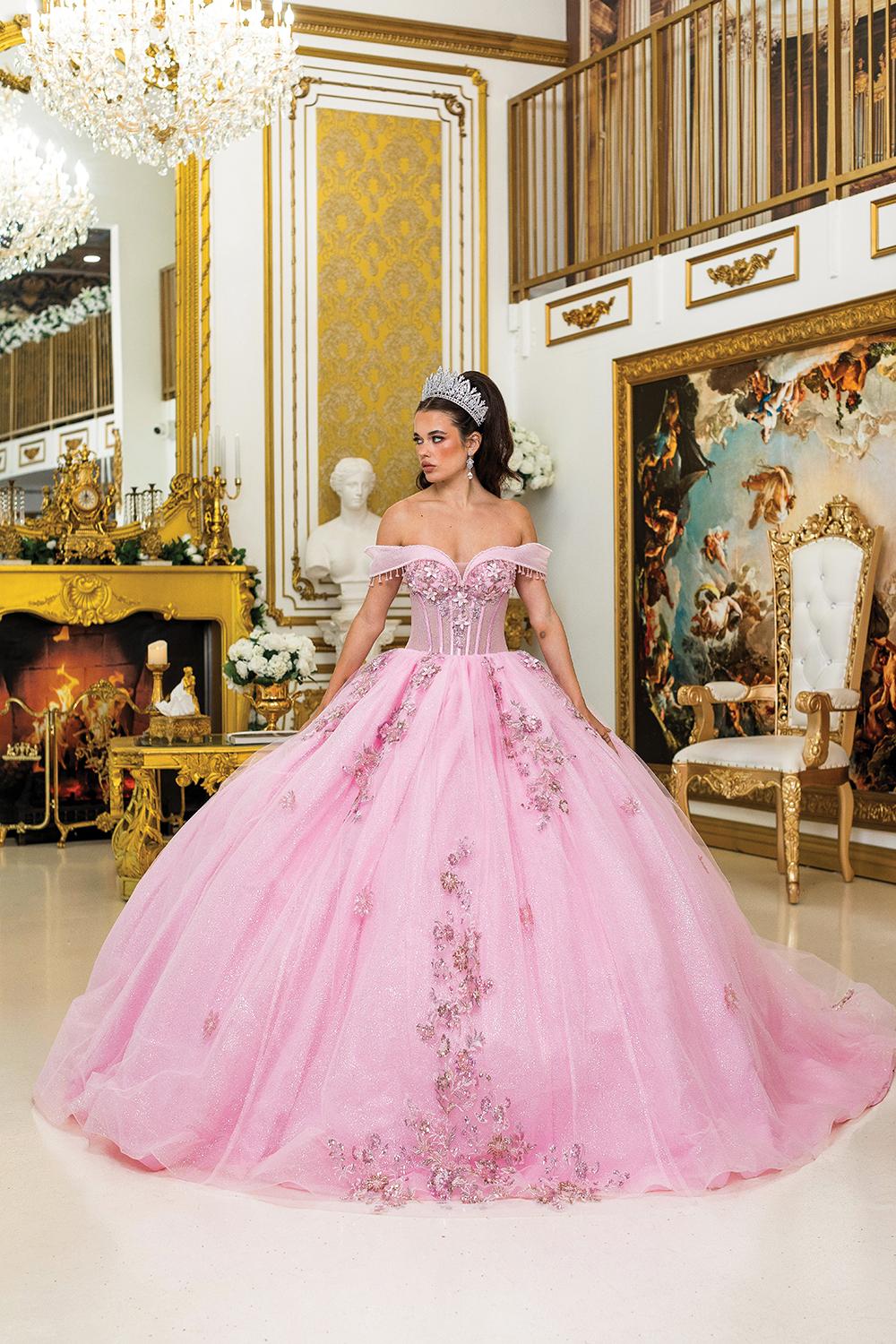Quinceanera Dress with Off-Shoulder Beaded Fringe Sleeves, Sheer Corset Bodice, 3D Floral Appliques, Glitter Tulle Skirt, and Ball Gown Silhouette - Style 5001 image