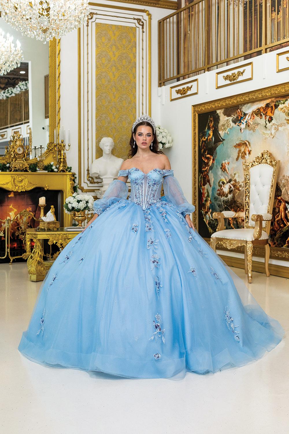 Quinceanera Dress with Sheer Off-the-Shoulder Sleeves, Floral Appliques, Glitter Tulle Ball Gown Skirt, and Structured Corset Bodice - Style 5005 image