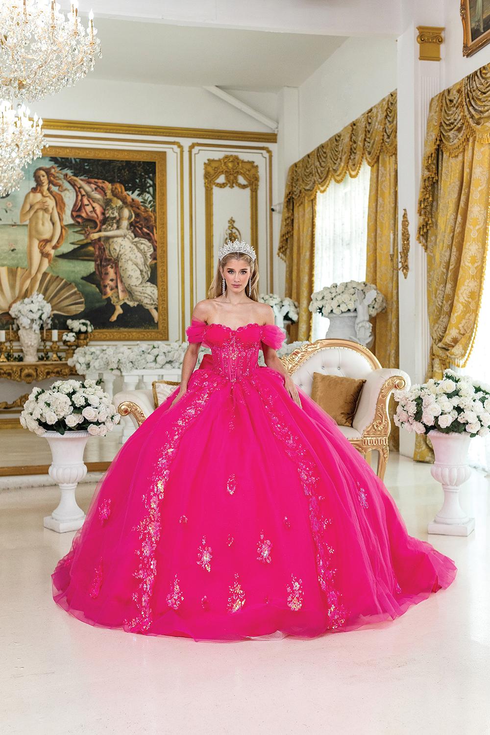 Quinceanera Dress with Off-the-Shoulder Sleeves, Floral Embroidery, Glitter Accents, Structured Corset Bodice, and Full Tulle Ball Gown Skirt - Style 5006 image