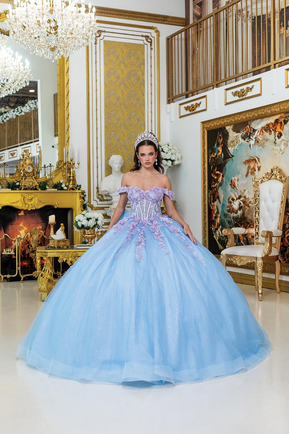 Quinceanera Dress with Corset Bodice, Off-Shoulder Floral Details, Glitter Tulle Skirt, and 3D Embellishments - Style 5016 image