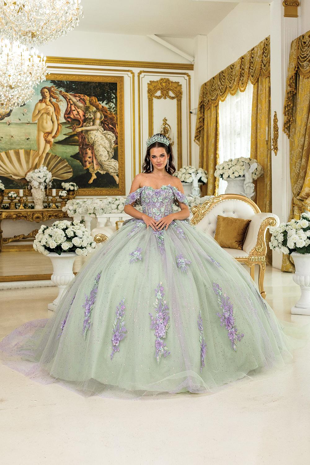 Quinceanera Dress with Off-Shoulder Floral Appliques, Corset Bodice, Glittered Tulle Skirt, and Delicate Layered Detailing - Style 5023