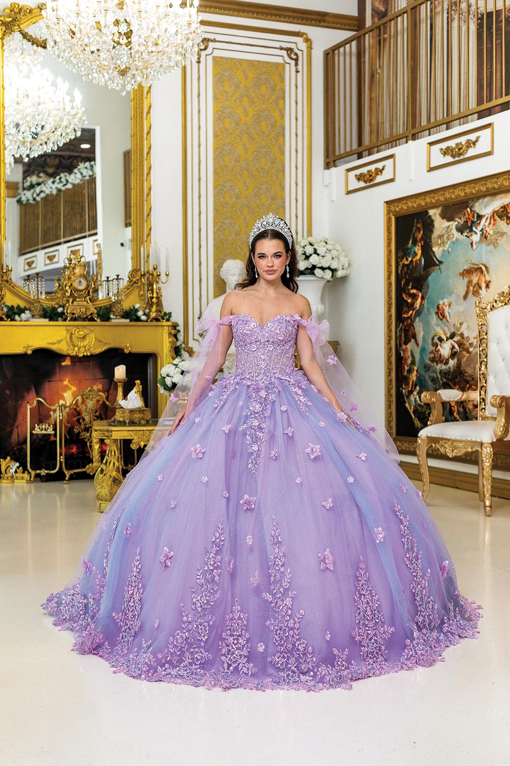 Quinceanera Dress with Off-Shoulder Sleeves, Floral Appliques, and Layered Glitter Tulle Skirt - Style 5029 image