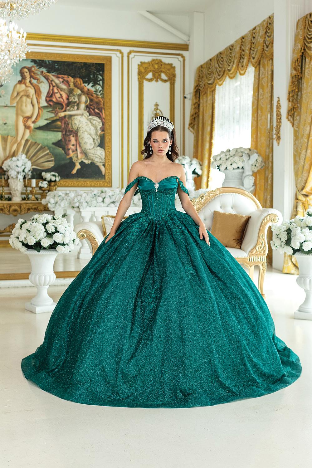 Quinceanera Dress with Off-Shoulder Draped Sleeves, Corset Bodice, Glittering Full Ball Gown Skirt, and Embroidered Accents - Style 5035 image