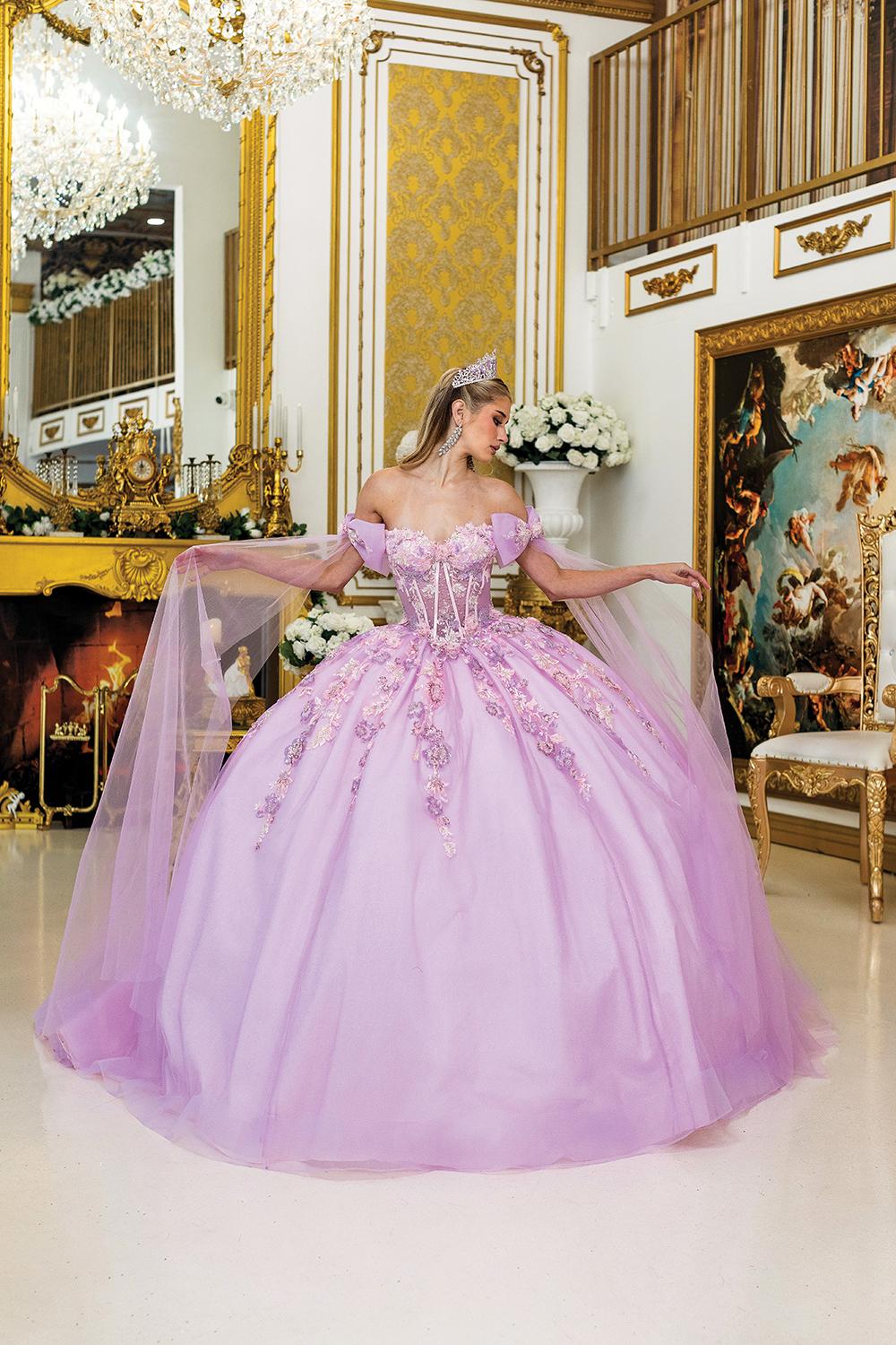 "Quinceanera Dress with Off-Shoulder Sleeves, Corset Bodice, Floral Embroidery, Glitter Tulle Overlay, and Detachable Sheer Cape n n " - Style 5036 image