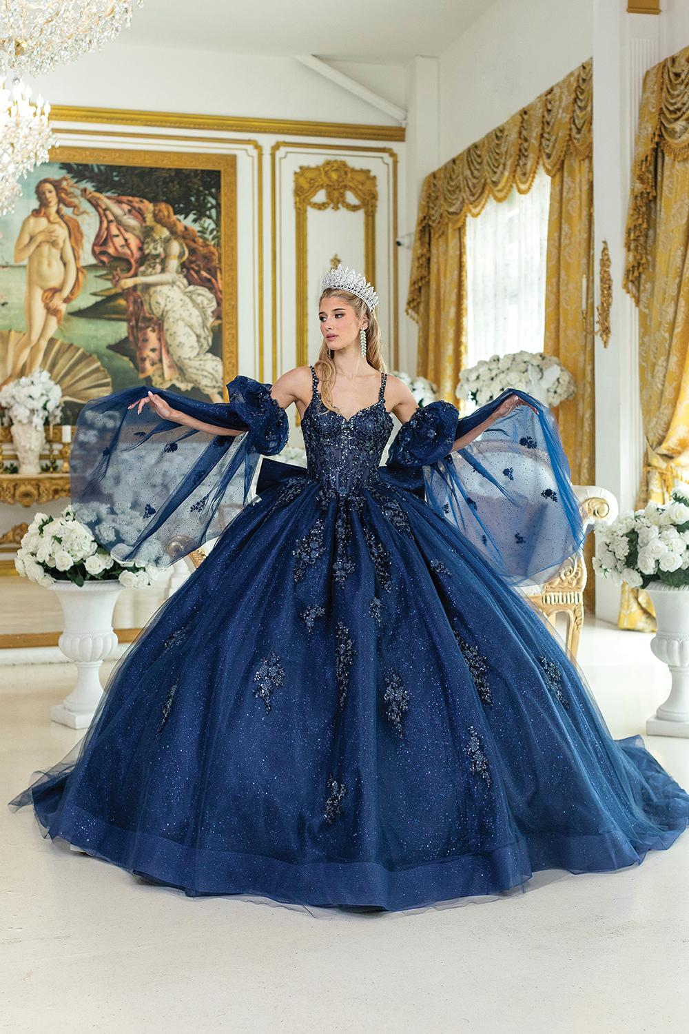 Quinceanera Dress with Sweetheart Neckline, Sheer Puff Sleeves, Corset Bodice, Floral Appliques, and Glitter Tulle Ball Gown Skirt - Style 5037 image