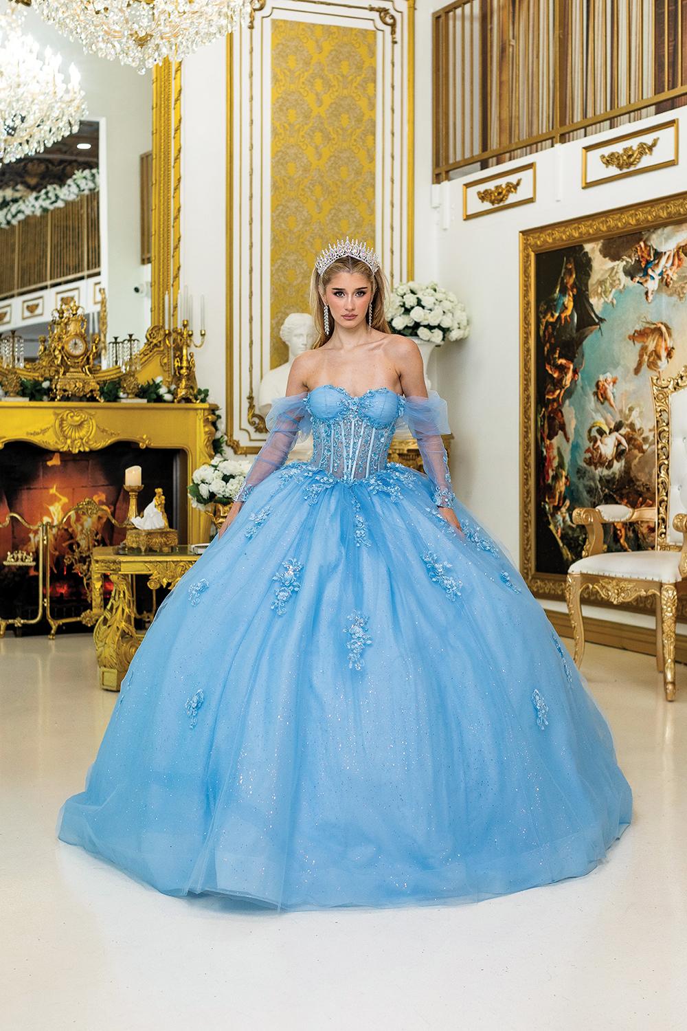 Quinceanera Dress with Sweetheart Neckline, Sheer Detachable Sleeves, Corset Bodice, 3D Floral Appliques, and Sparkling Tulle Ball Gown Skirt - Style 5038 image