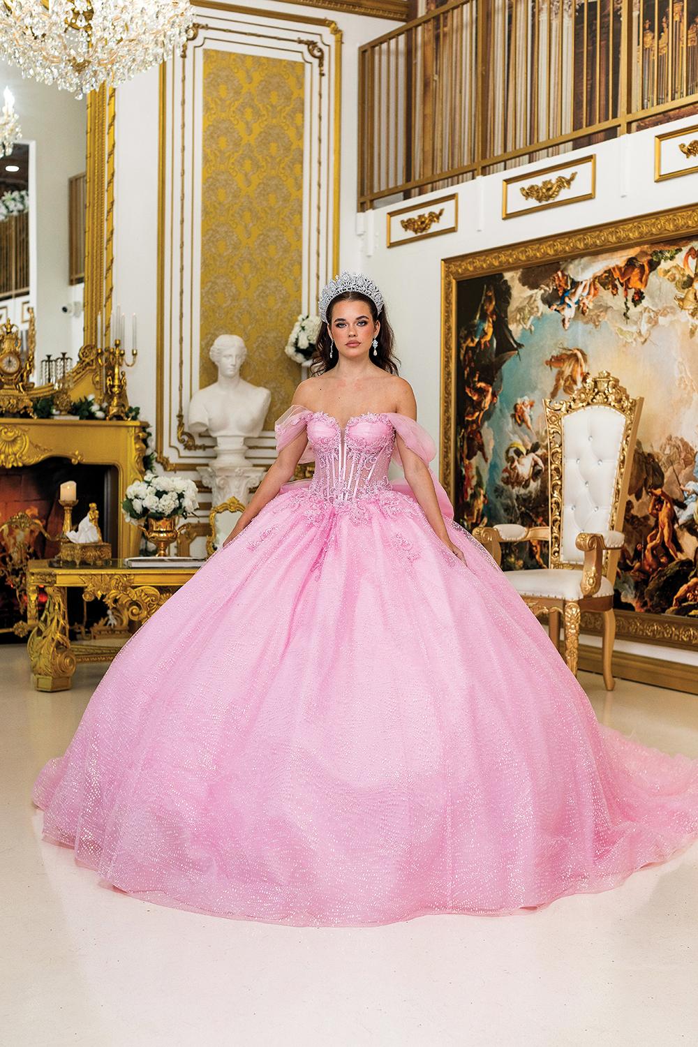 Quinceanera Dress with Corset Bodice, Off-Shoulder Sheer Puff Sleeves, 3D Floral Appliques, Glitter Tulle Ball Gown Skirt - Style 5040 image