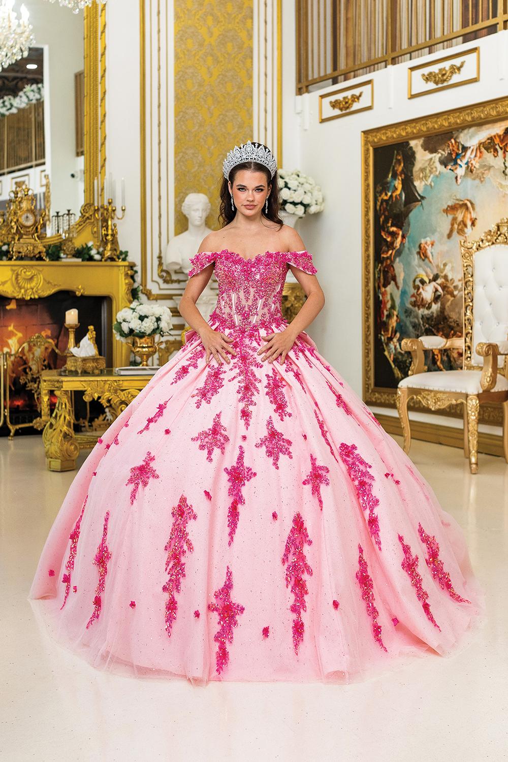 Quinceanera Dress with Corset Bodice, Off-Shoulder Design, Glitter Tulle Skirt, and Intricate 3D Appliques - Style 5042 image