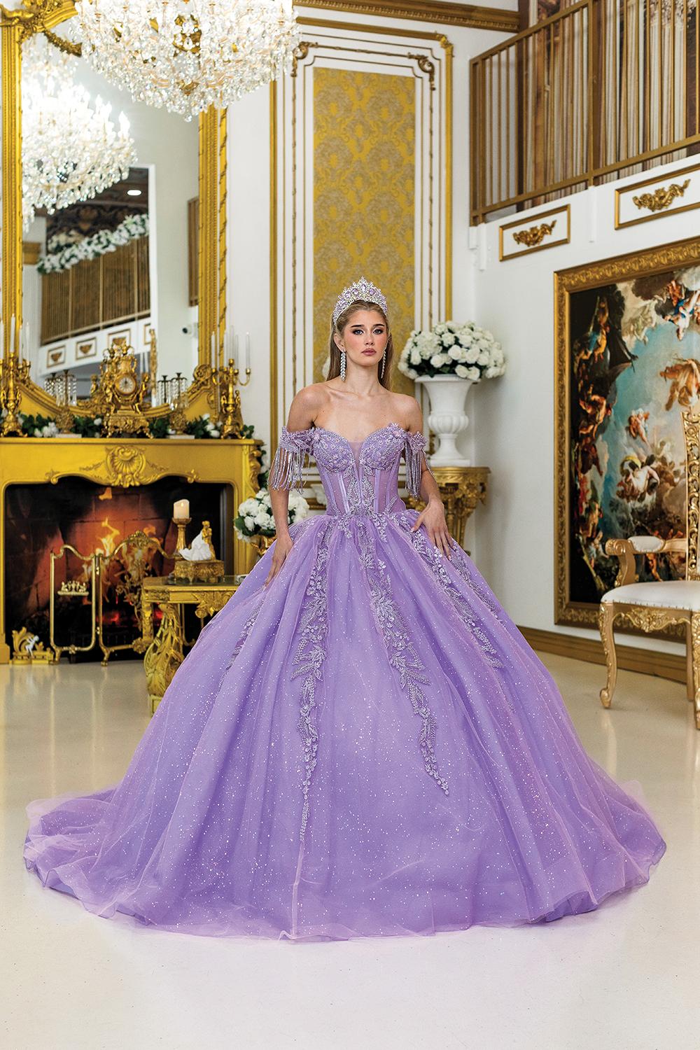 Quinceanera Dress with Embroidered Bodice, Detachable Off-Shoulder Sleeves, and Sparkling Full Tulle Skirt - Style 5045 image
