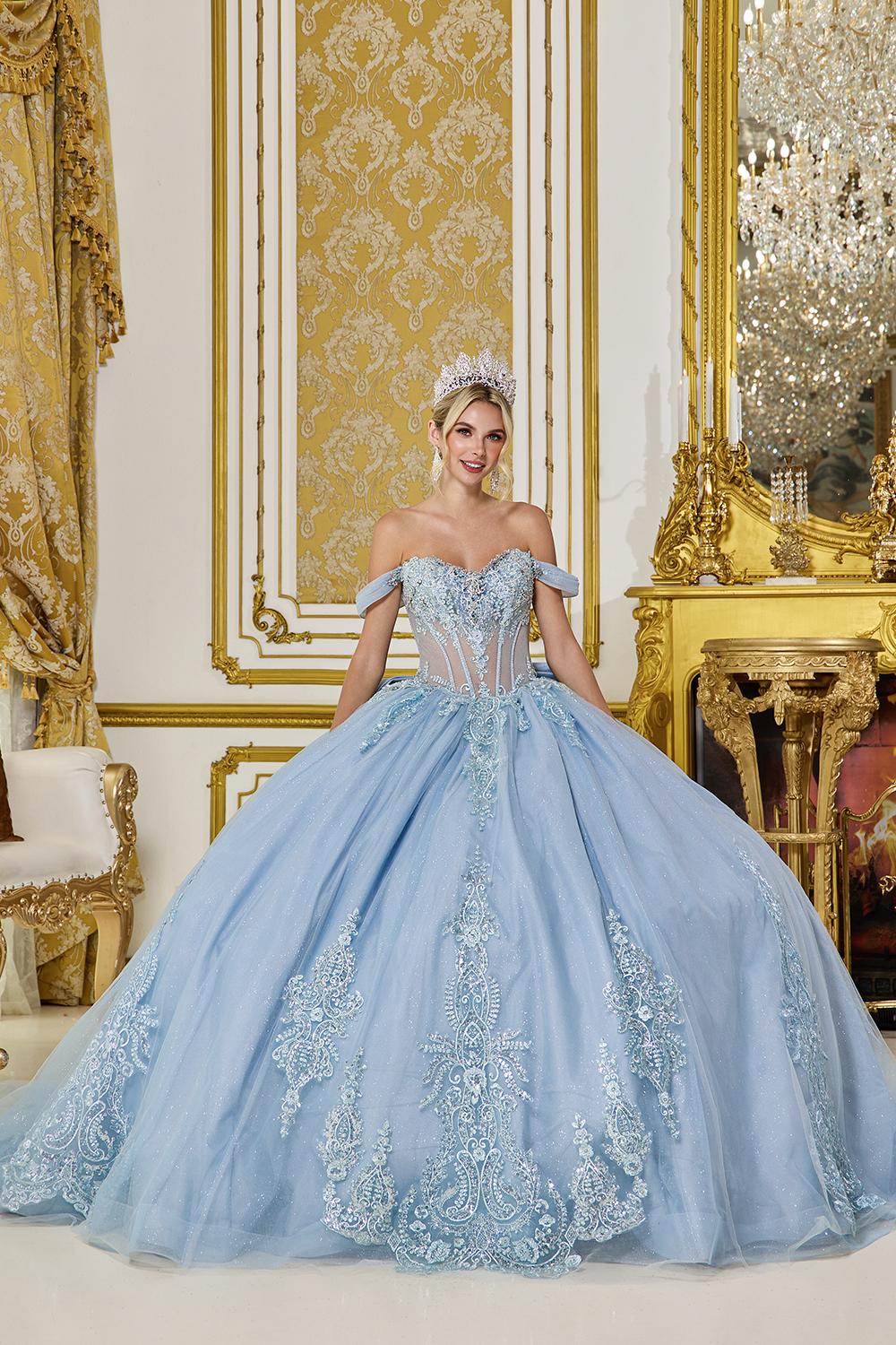 Off-the-Shoulder Corset Quinceanera Dress with Embroidered Lace Appliques and Glitter Tulle Ball Gown Skirt - Style 5063 image