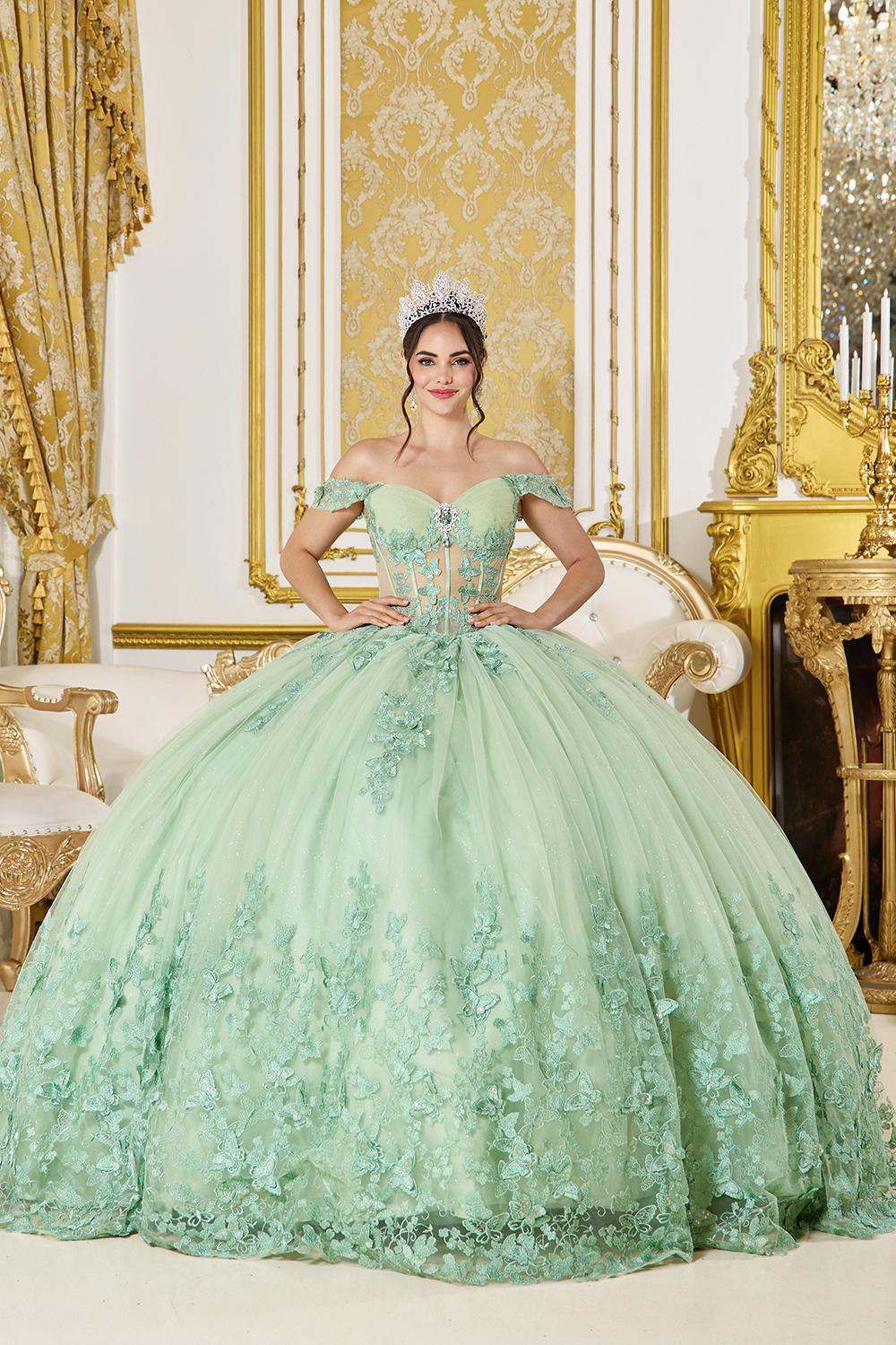 Quinceanera Dress with Off-Shoulder Sweetheart Neckline, Corset Bodice, Sheer Illusion Panels, 3D Floral Lace Appliques, Glitter Tulle Skirt, and Butterfly Embroidery - Style 5065