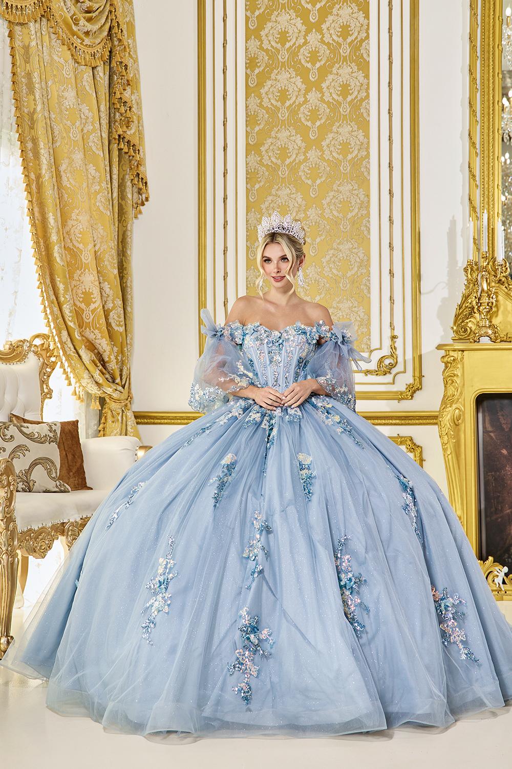 Quinceanera Dress with Off-Shoulder Sweetheart Neckline, Sheer Corset Bodice, Detachable Puff Sleeves, Glitter Tulle Ball Gown Skirt, and 3D Floral Appliques - Style 5072 image