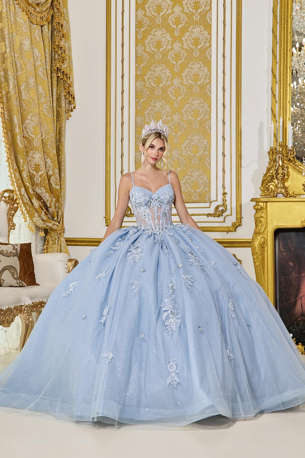 Quinceanera Dress with Sweetheart Neckline, Sheer Corset Bodice, Thin Shoulder Straps, Glitter Tulle Ball Gown Skirt, and Embroidered Floral Appliques - Style 5073 image