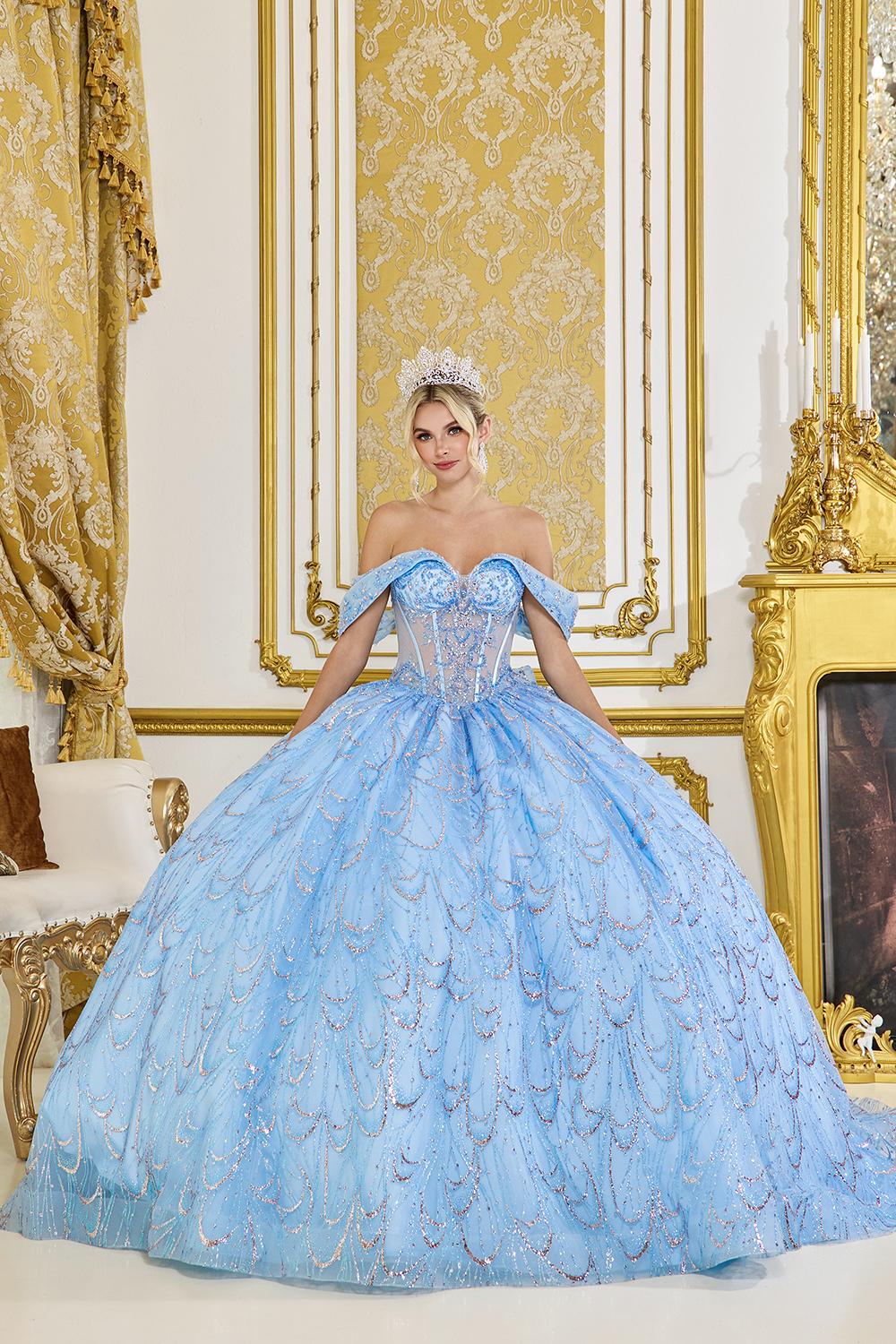 Quinceanera Dress with Off-Shoulder Sweetheart Neckline, Sheer Corset Bodice, Glitter Tulle Ball Gown Skirt, and Scalloped Sequin Embroidery - Style 5076 image