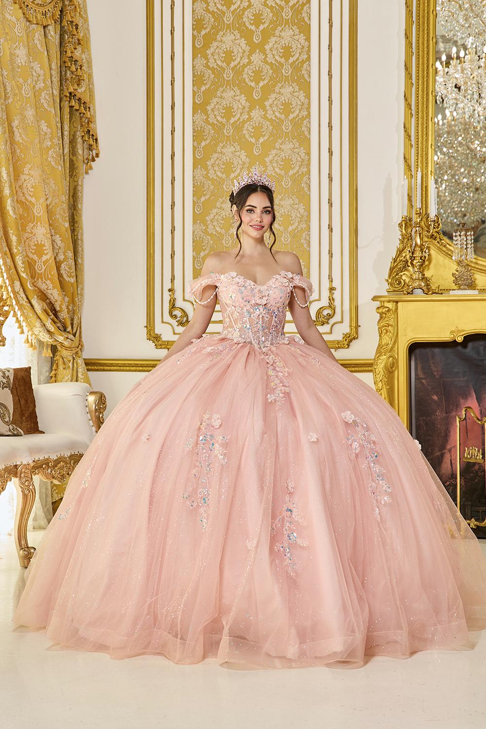 Off-Shoulder Sweetheart Neckline Quinceanera Dress with Beaded Bodice, Floral Appliques, and Sparkling Tulle Ball Gown Skirt - Style 5096 image