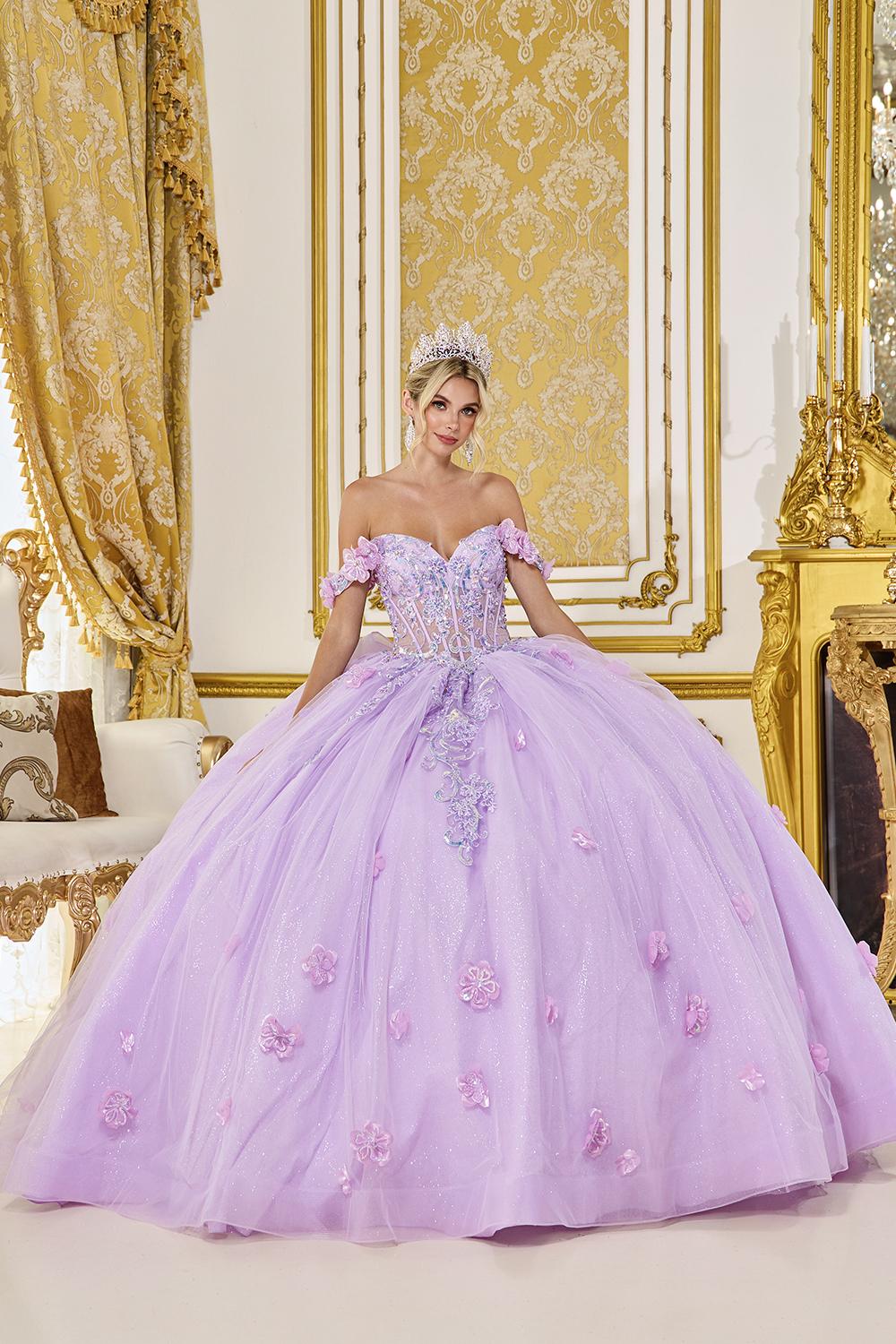 Off-Shoulder Quinceanera Dress with Sweetheart Neckline, Corset Bodice, 3D Floral Appliques, and Sparkling Tulle Ball Gown Skirt - Style 5098 image