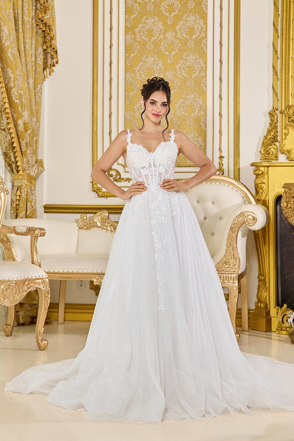 Wedding Dress with Lace Corset Bodice, Spaghetti Straps, and Flowing Tulle A-Line Skirt with Train - Style 0314 image