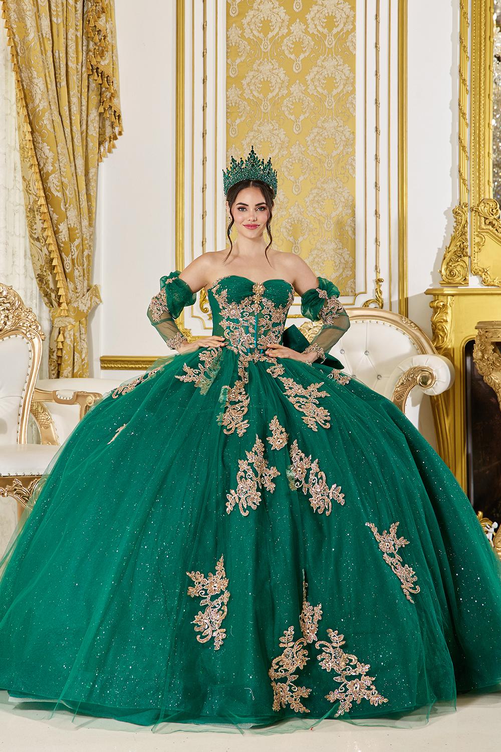 Quinceanera Dress with Strapless Corset Bodice, Glitter Tulle Overlay, Intricate Embroidered Appliques, and Detachable Off-Shoulder Sleeves - Style 5051 image
