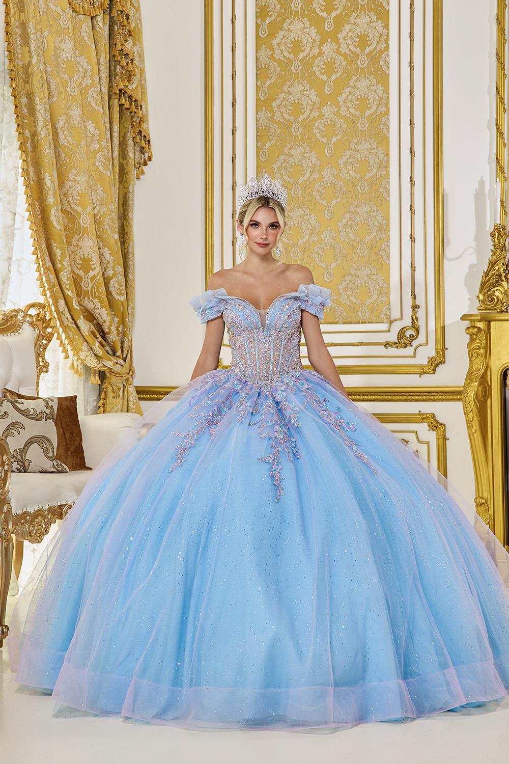 Off-the-Shoulder Glitter Tulle Quinceanera Dress with Embroidered Corset Bodice and Layered Ball Gown Skirt - Style 5084 image