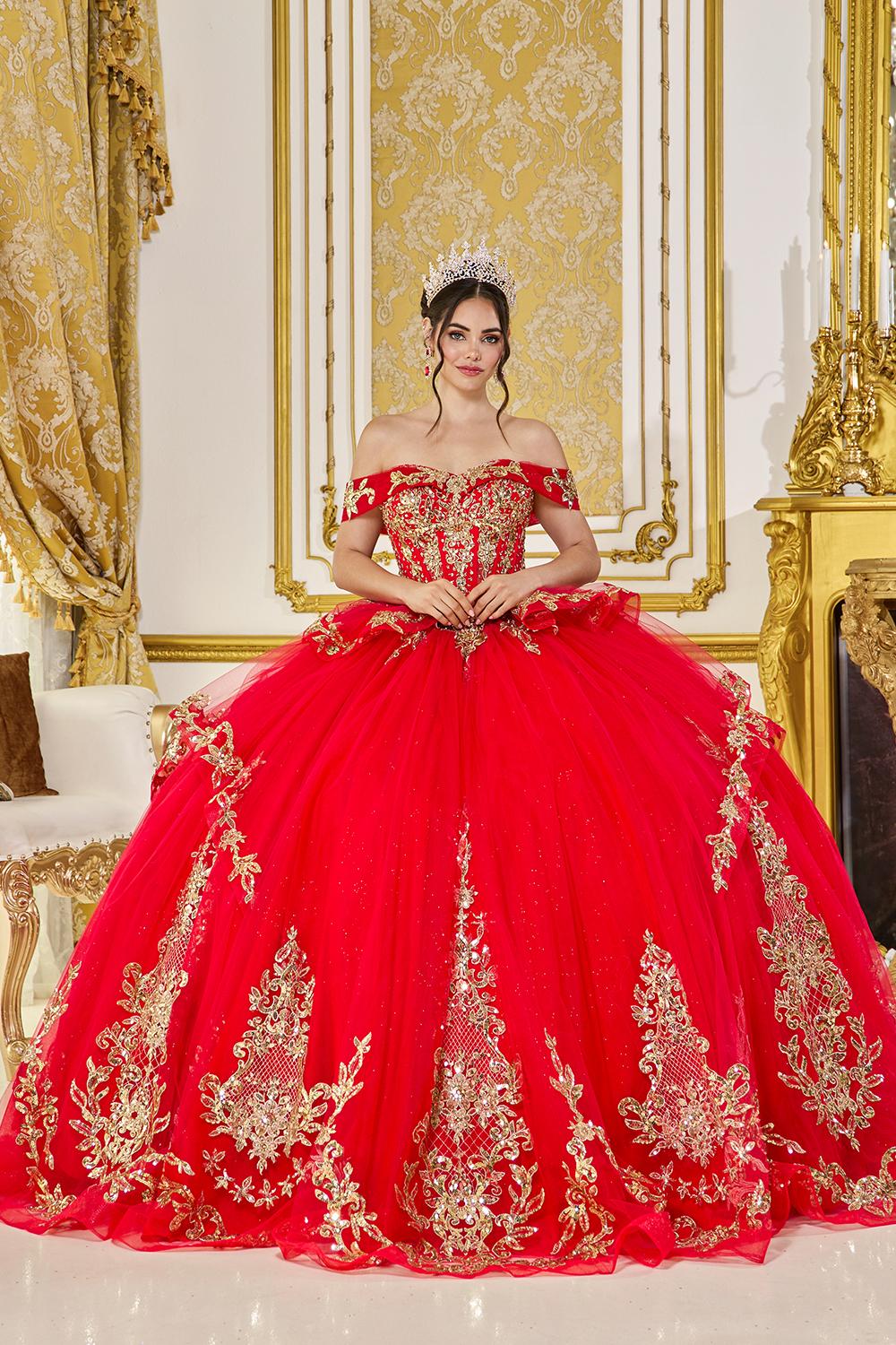 Quinceañera Ball Gown with Off-Shoulder Sweetheart Corset Bodice, Embroidered Lace Appliques, and Layered Tulle Skirt - Style 5086 image