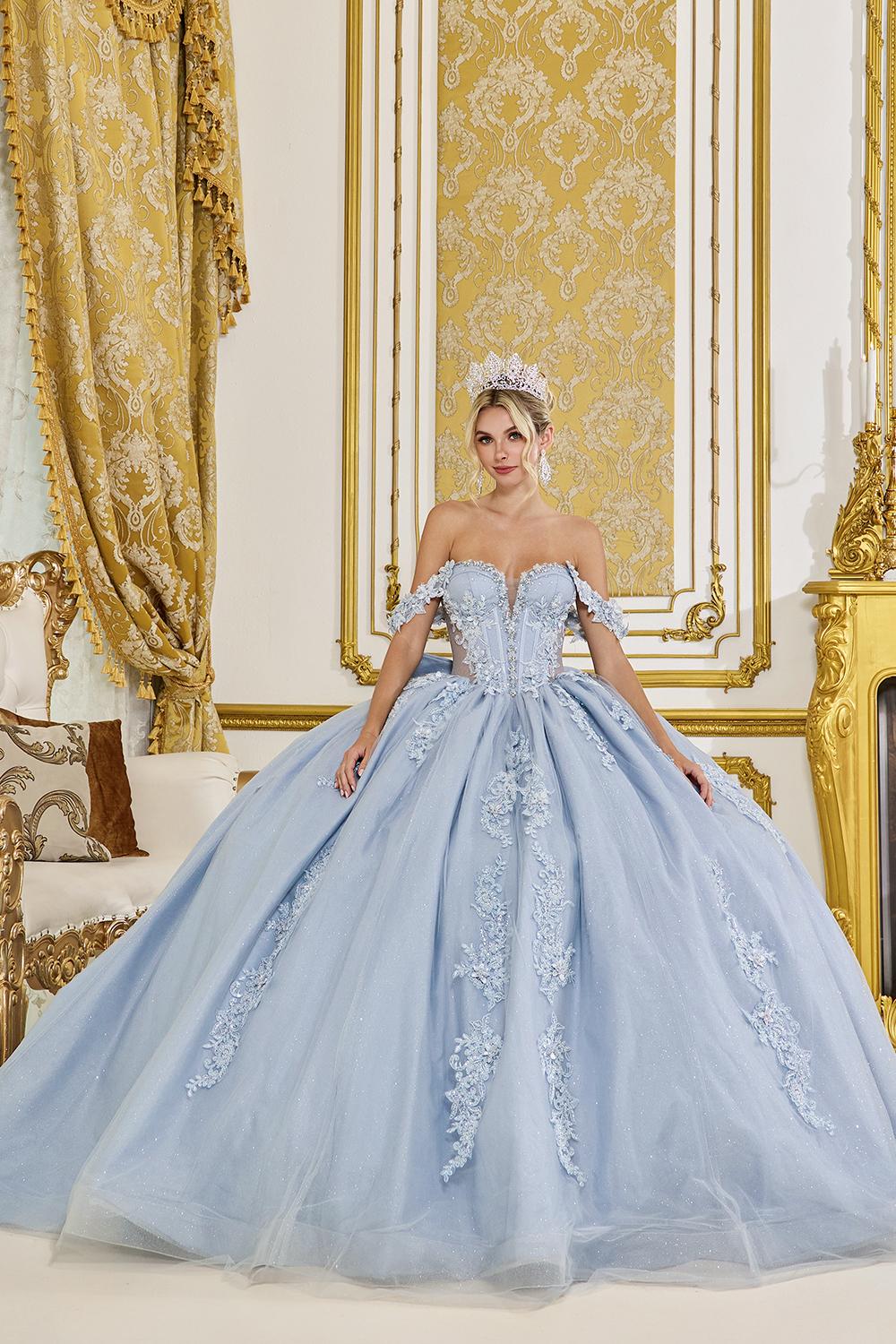 Quinceañera Dress with Sweetheart Corset Bodice, Off-Shoulder Sleeves, and Embroidered Lace Tulle Skirt - Style 5088 image