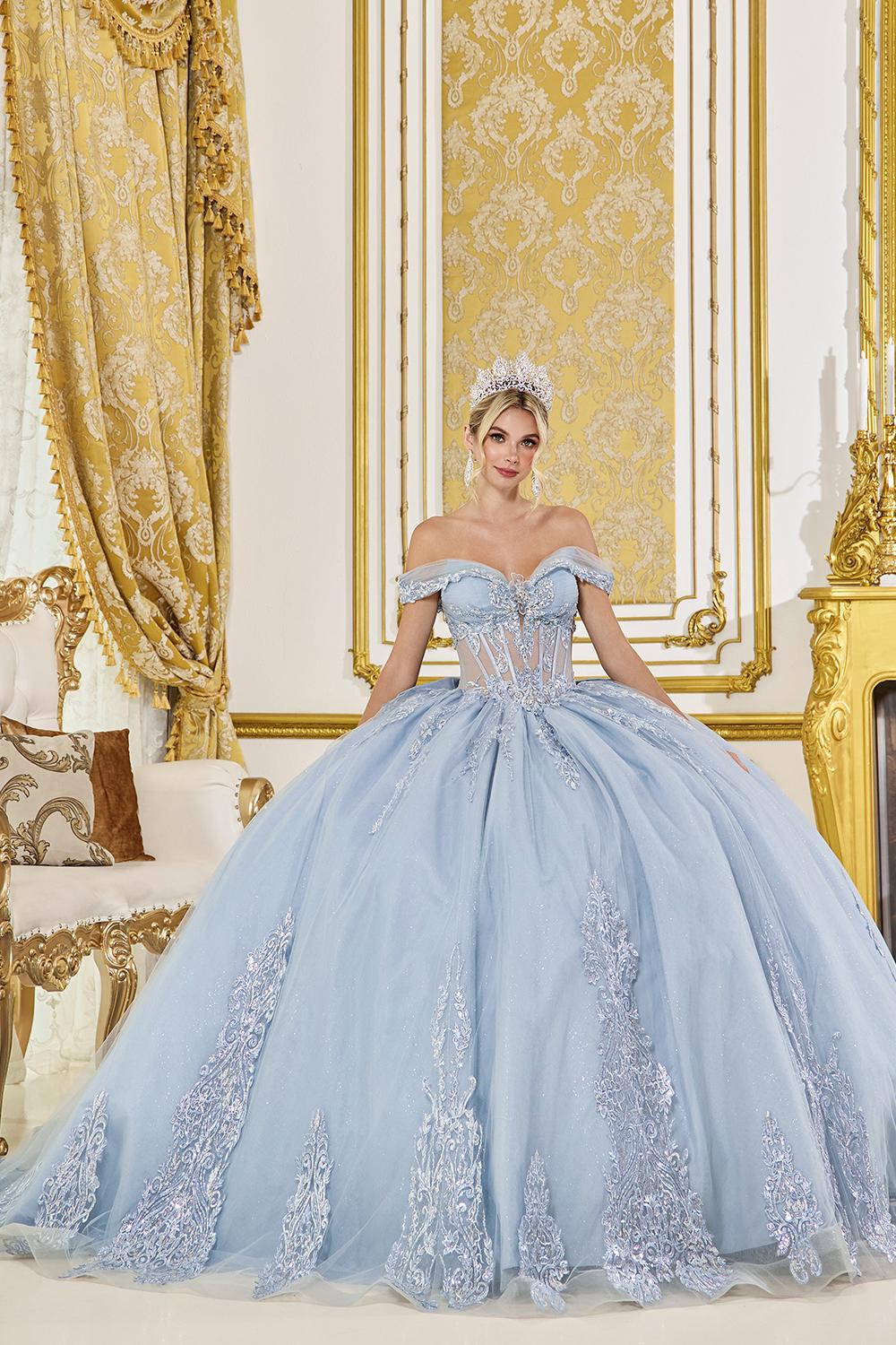 Quinceañera Dress with Off-Shoulder Sweetheart Corset Bodice, Sequin Lace Appliques, and Layered Tulle Ball Skirt - Style 5089 image