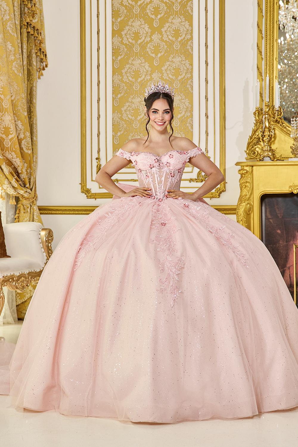 Quinceañera Dress with Off-Shoulder Floral Corset Bodice, Beaded Appliques, and Sparkling Layered Ball Gown Skirt - Style 5090 image