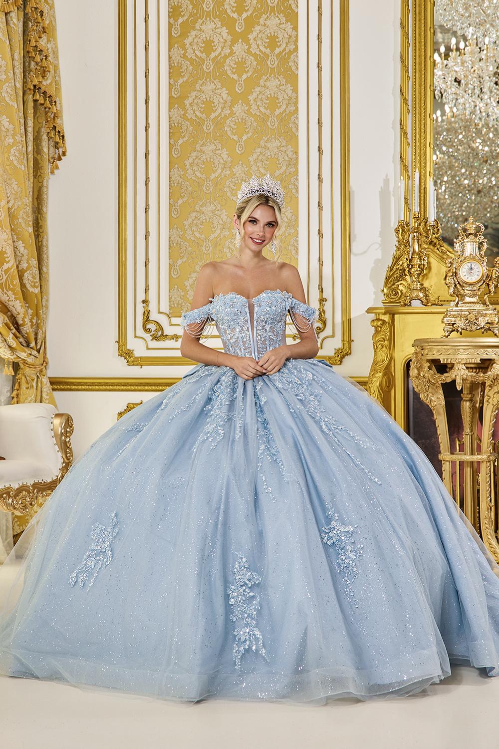Quinceañera Dress with Off-Shoulder Corset Bodice, Beaded Lace Appliques, and Voluminous Layered Tulle Skirt - Style 5092 image
