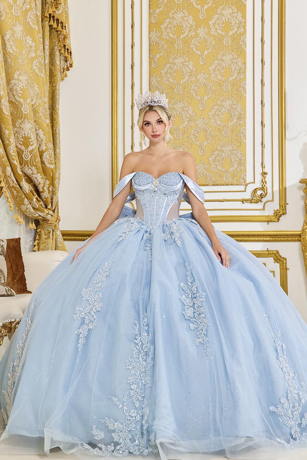 Off-the-Shoulder Glitter Tulle Quinceanera Dress with Beaded Corset Bodice and Floral Appliqued Ball Gown Skirt - Style 5094 image