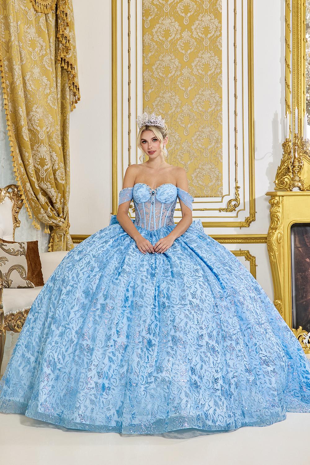 Quinceañera Dress with Off-Shoulder Corset Bodice, 3D Floral Lace Overlay, and Full Ball Gown Skirt - Style 5095 image