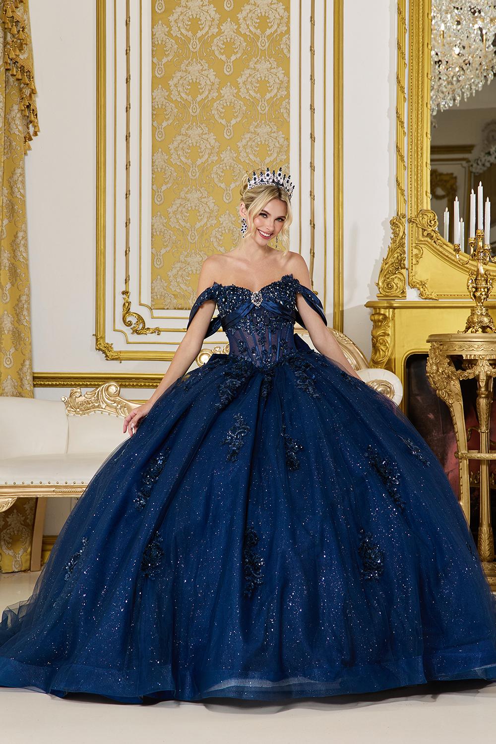 Off-Shoulder Corset Quinceanera Ball Gown with Beaded Appliques and Glitter Tulle Skirt - Style 5101 image