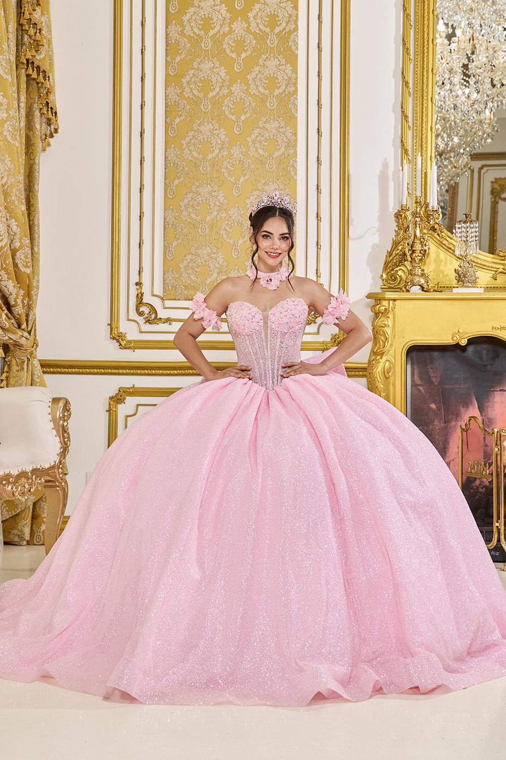 Sweetheart Quinceanera Dress Ball Gown with Sheer Corset Bodice, Tulle Sleeves, and Scattered Lace Appliques - Style 5115 image