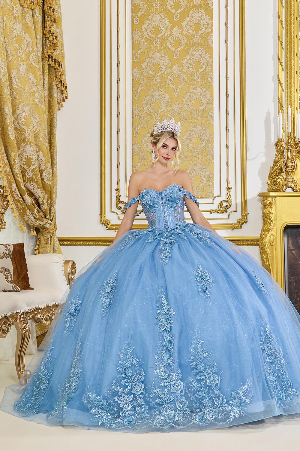 Off-the-Shoulder Ruffle Sleeve Corset Ball Gown Quinceanera Dress with Intricate Floral Applique and Shimmering Glitter Skirt - Style 5117 image