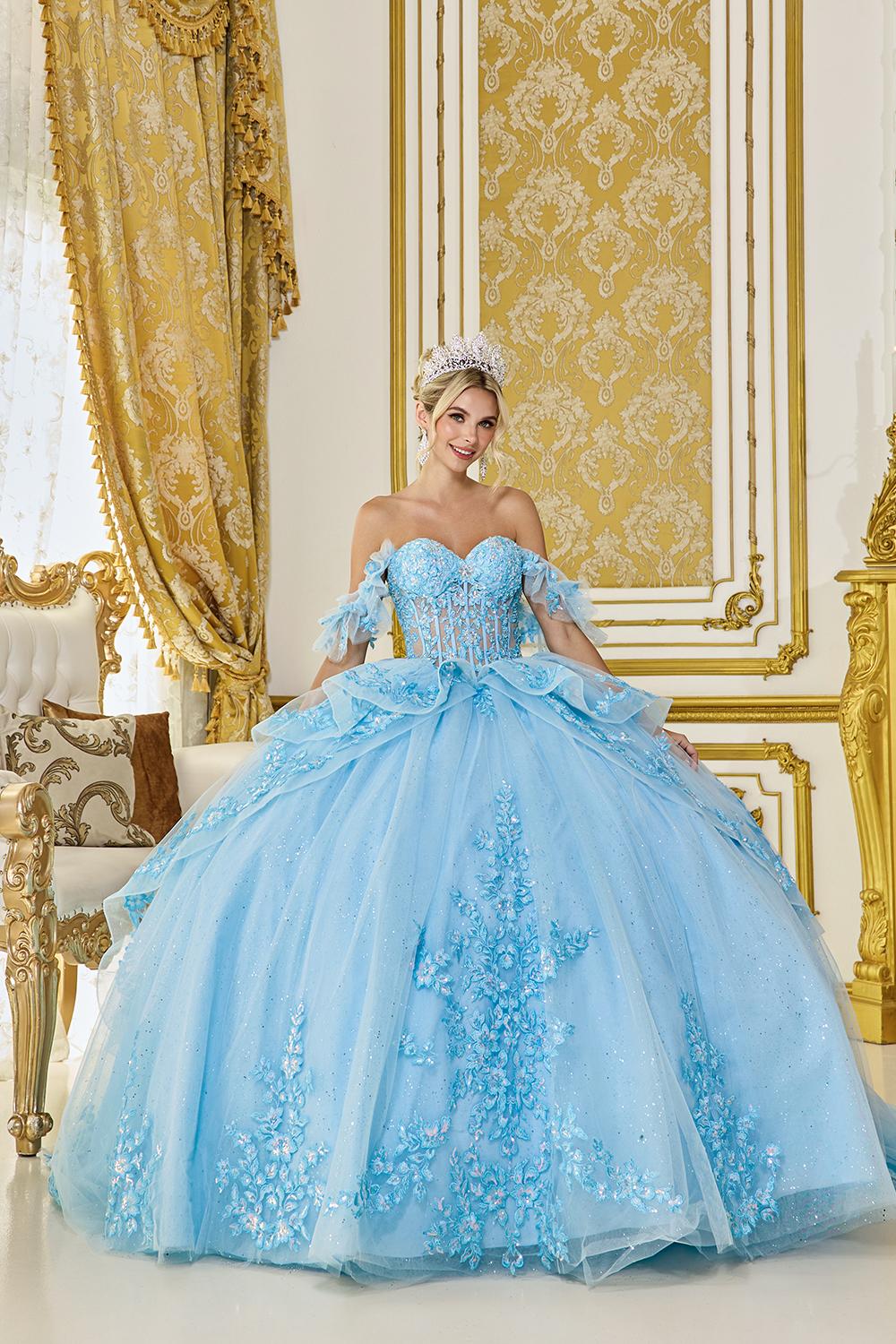 Ruffled Off-the-Shoulder Sweetheart Quinceanera Ball Gown with Floral Applique Skirt - Style 5120 image
