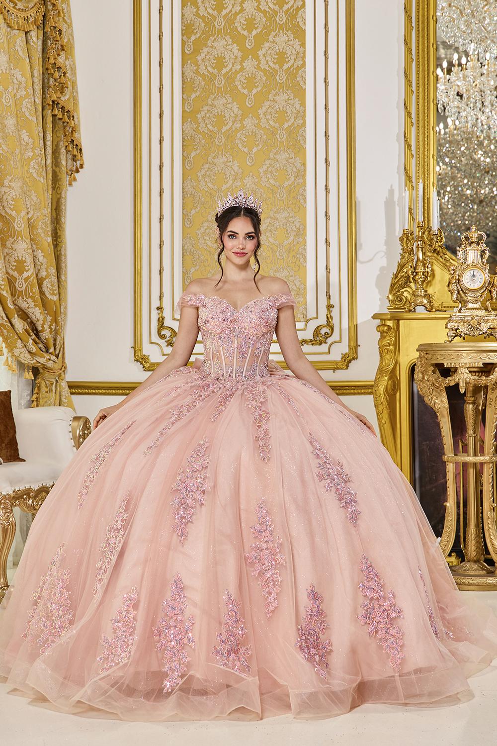 Off-the-Shoulder Quinceanera Dress Corset Bodice Ball Gown with Glitter Tulle and Applique Skirt - Style 5121 image