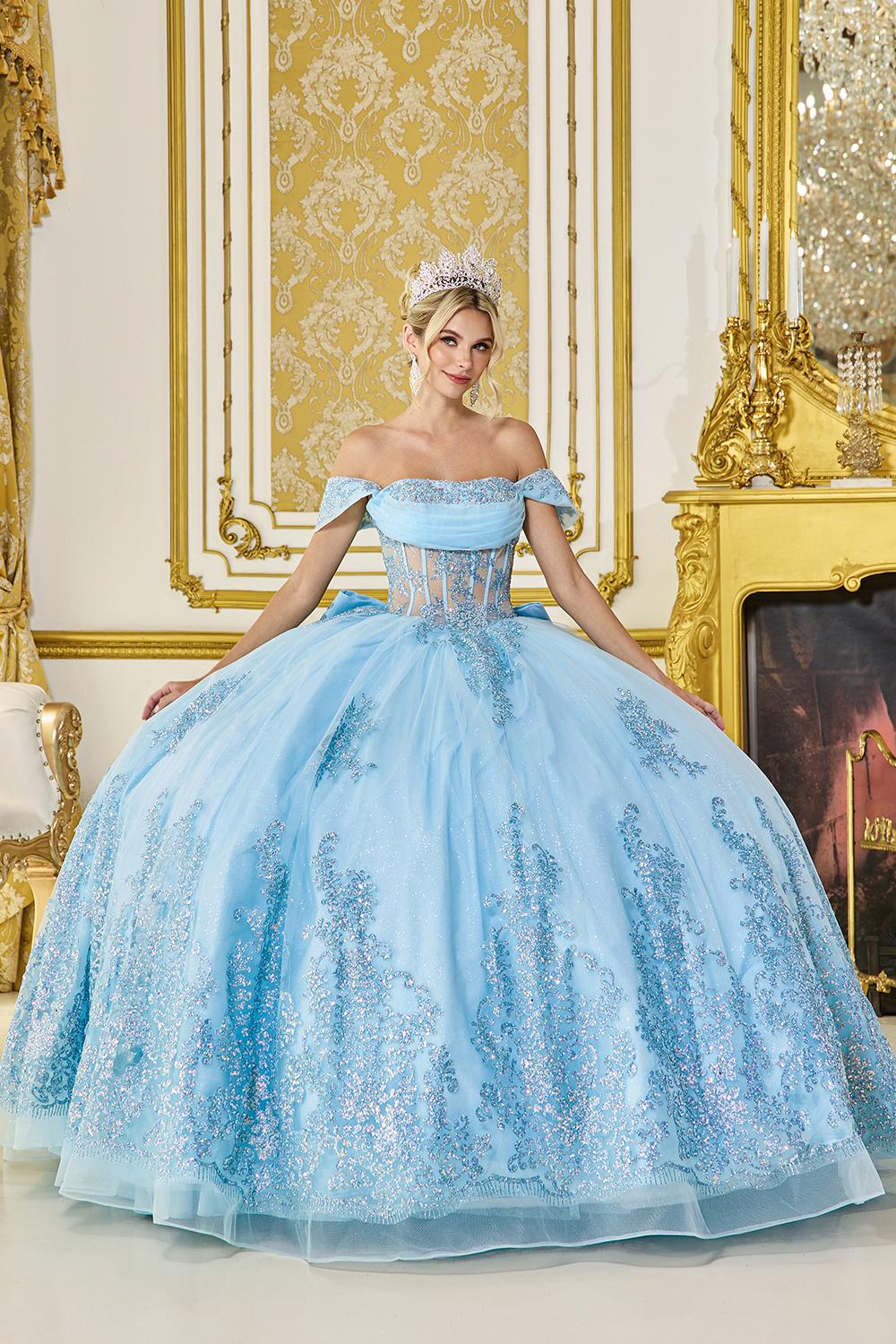 Off-Shoulder Corset Quinceanera Ball Gown with Glitter Tulle Skirt and Intricate Sequin Appliques - Style 5123 image