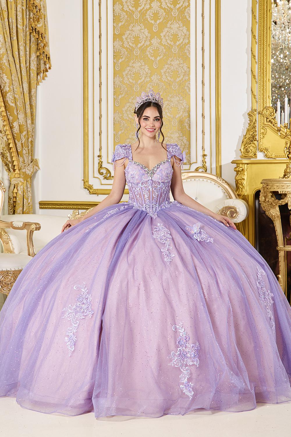 Off-the-Shoulder Quinceanera Dress Ball Gown with Tulle Fringe Bodice, Glitter Tulle Skirt, and Cascading Appliques - Style 5126 image