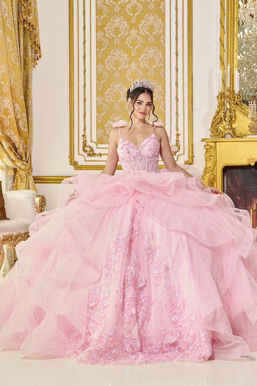 Off-Shoulder Corset Quinceanera Ball Gown with Layered Ruffle Bodice, 3D Floral Appliques, and Glitter Tulle Skirt - Style 5132 image
