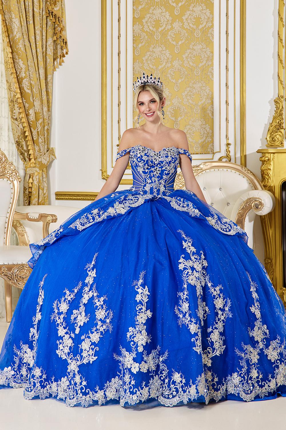 Off-the-Shoulder Quinceanera Dress Corset Bodice Ball Gown with Glitter Tulle and Applique Skirt. - Style 5142 image