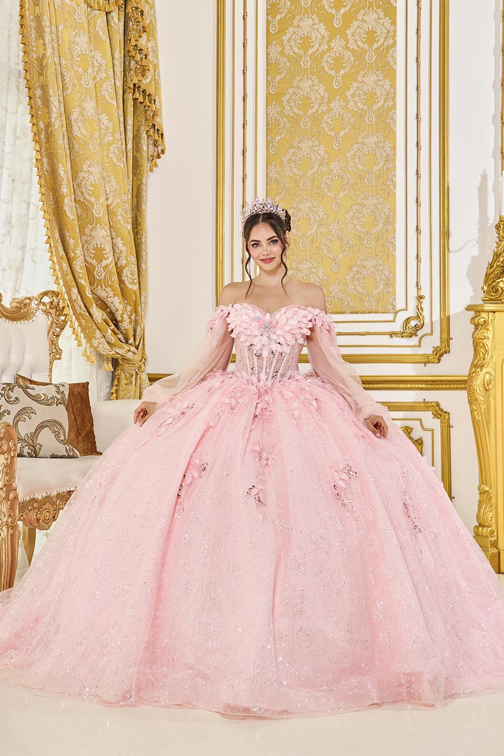 Off-the-Shoulder Sweetheart Corset Quinceanera Dress with 3D Floral Applique Bodice, Illusion Boning, and Glitter Tulle Ball Gown Skirt - Style 5145 image