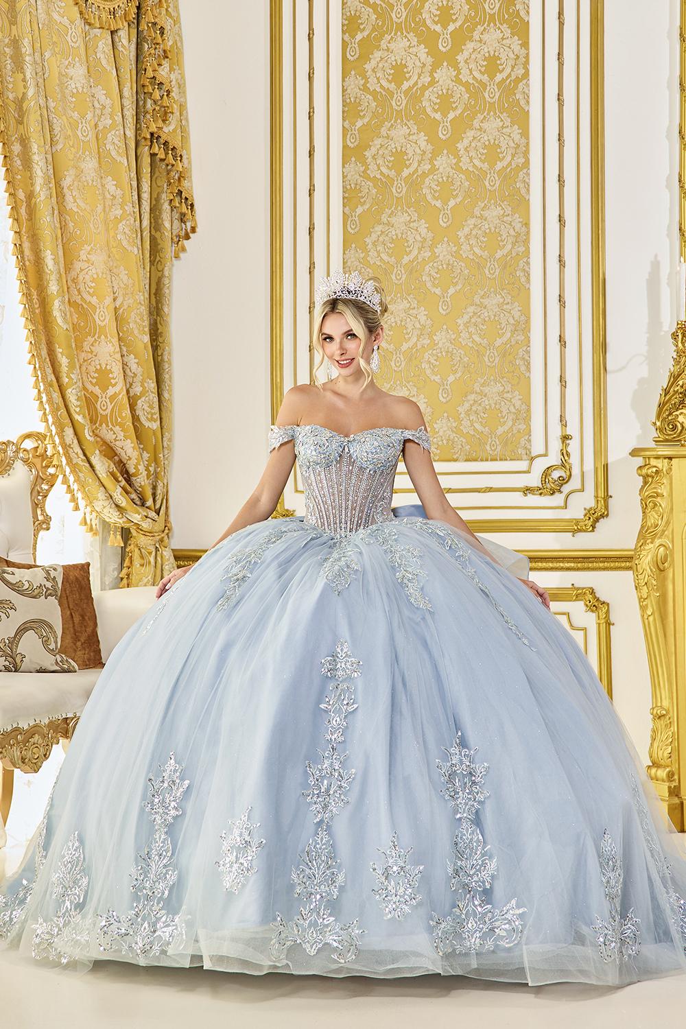 Off-Shoulder Sweetheart Beaded Corset Bodice Layered Tulle Ball Gown with Embroidered Applique and Full Skirt Quinceanera Dress - Style 5148 image