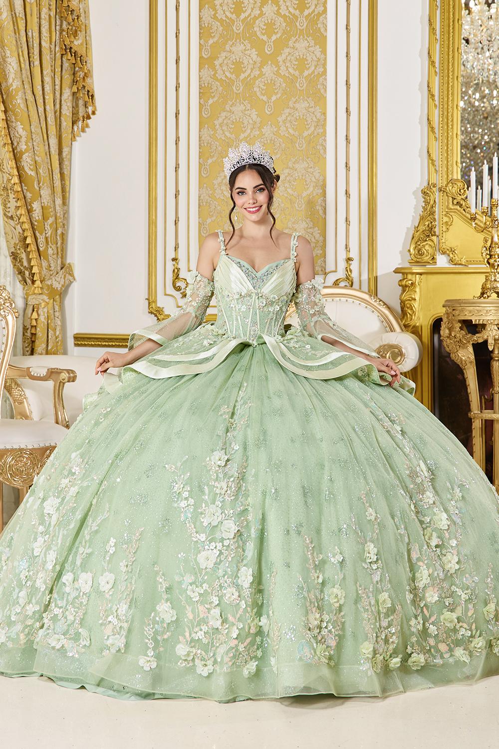 Strapless Sweetheart Off-Shoulder Lace Applique Ball Gown with Embroidered Tulle Skirt and Beaded Bodice Quinceanera Dress - Style 5154 image
