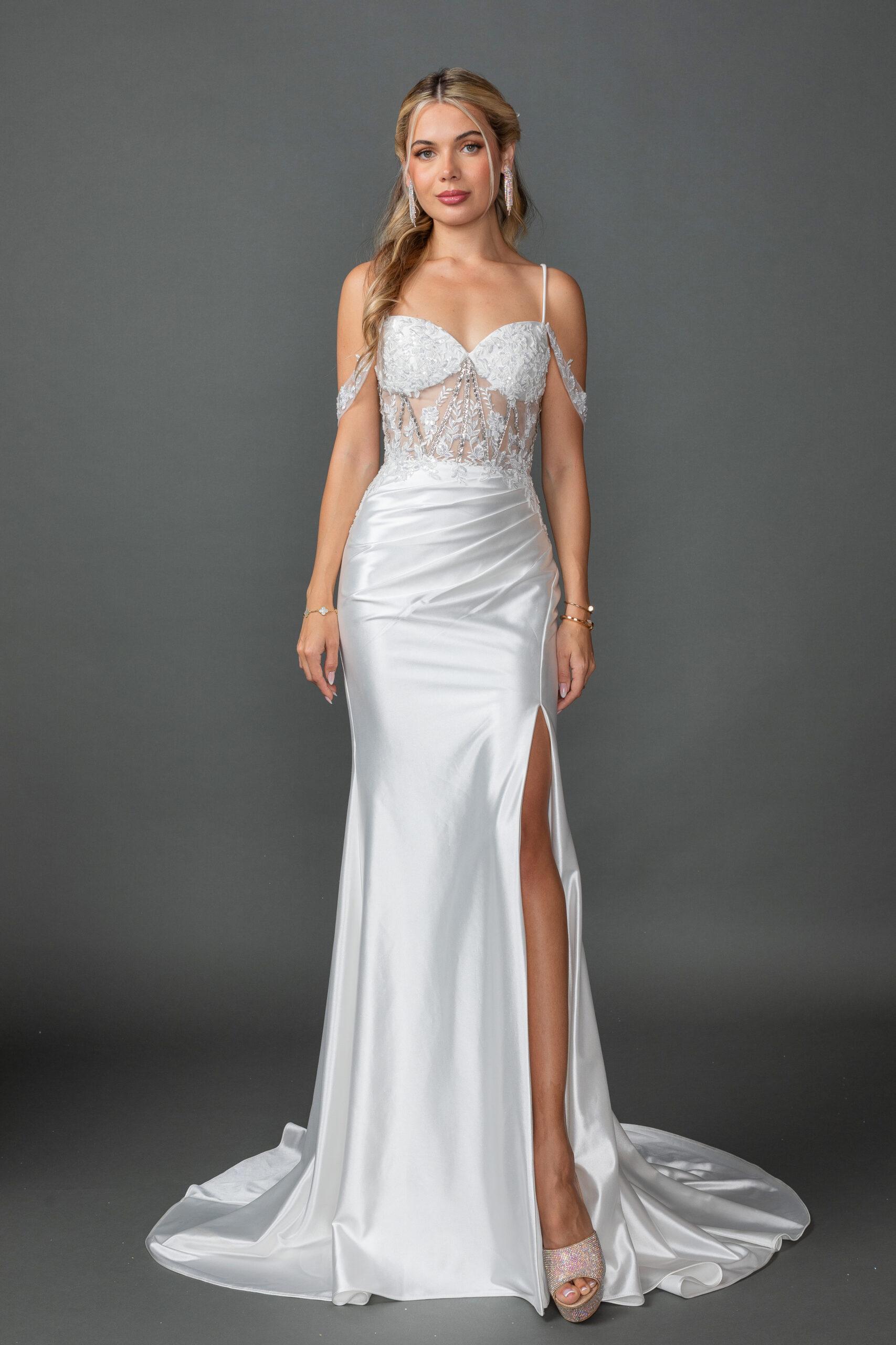 Spaghetti Strap Wedding Dress with Beaded Corset, Draped Skirt, and Side Slit - Style 0311 image