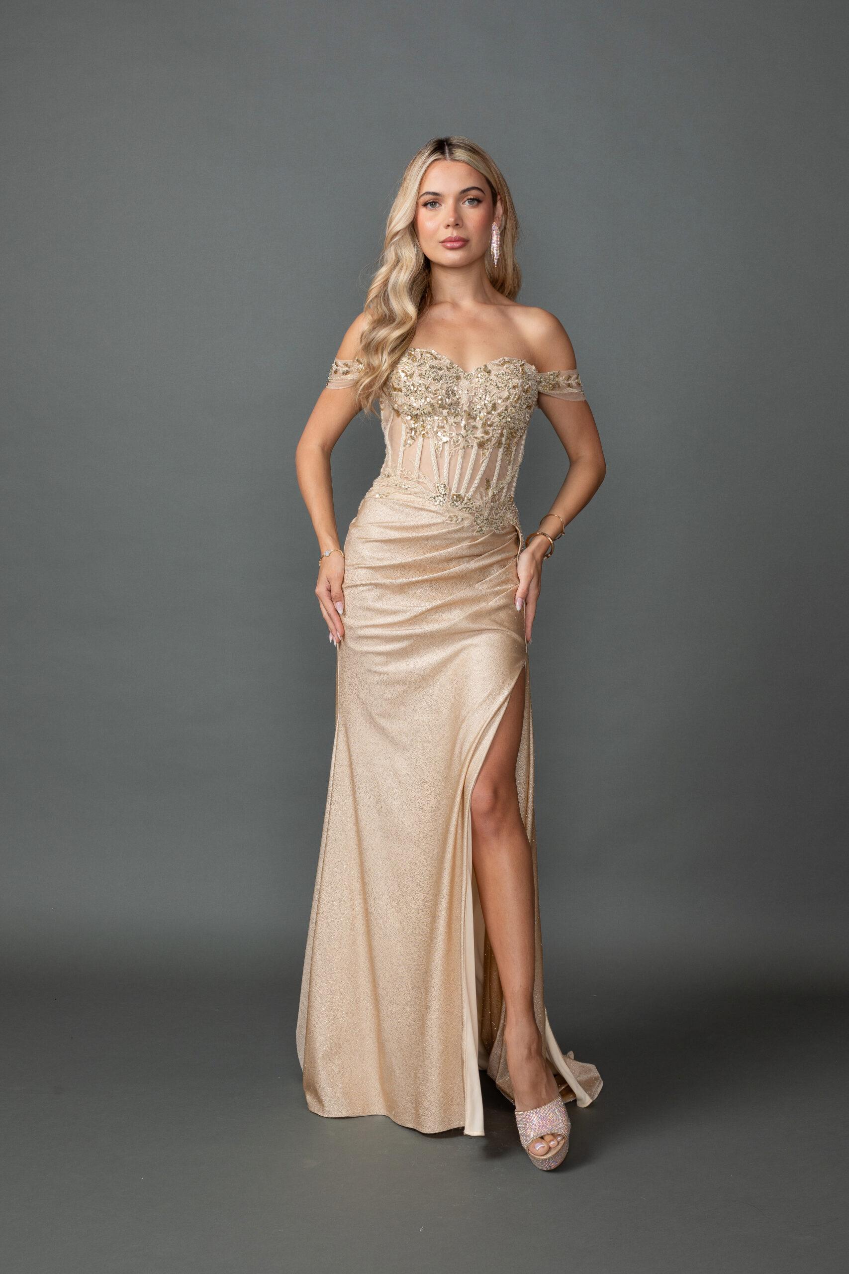 Off-the-Shoulder Glitter Prom Dress with Embroidered Corset Bodice and Ruched Side Slit Skirt - Style 4535 image